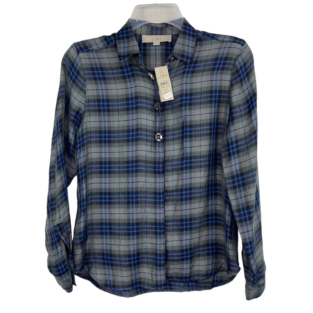 Ann Taylor Loft Plaid Gingham Blue Grey Rhinestone Button Down Shirt Petites XSP